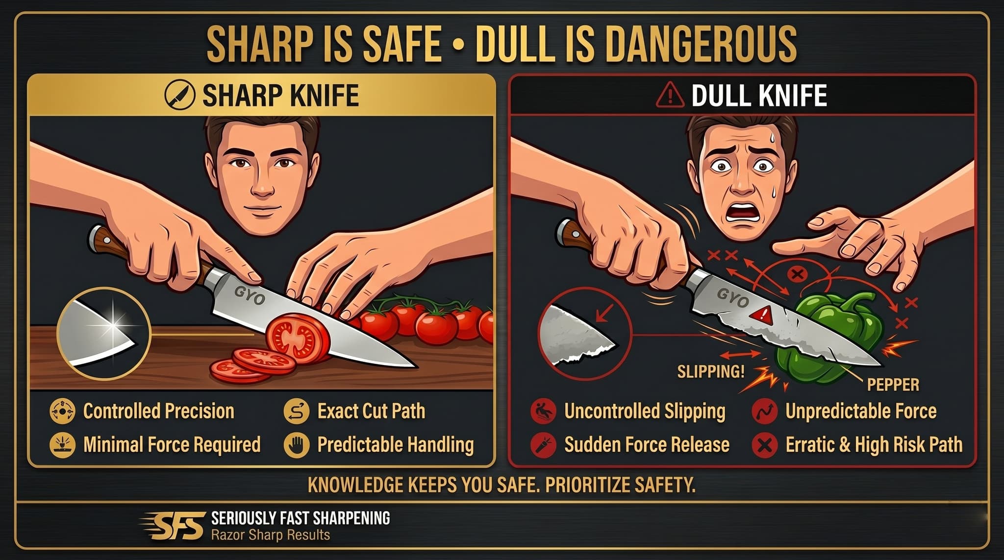 Sharp is Safe, Dull is Dangerous — infographic comparing a sharp knife (controlled precision, minimal force, exact cut path, predictable handling) against a dull knife (uncontrolled slipping, sudden force release, unpredictable force, erratic high-risk path)