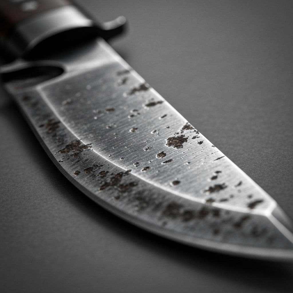 Macro photograph of a dull kitchen knife's worn, rolled edge, the leading cause of kitchen slips and injuries