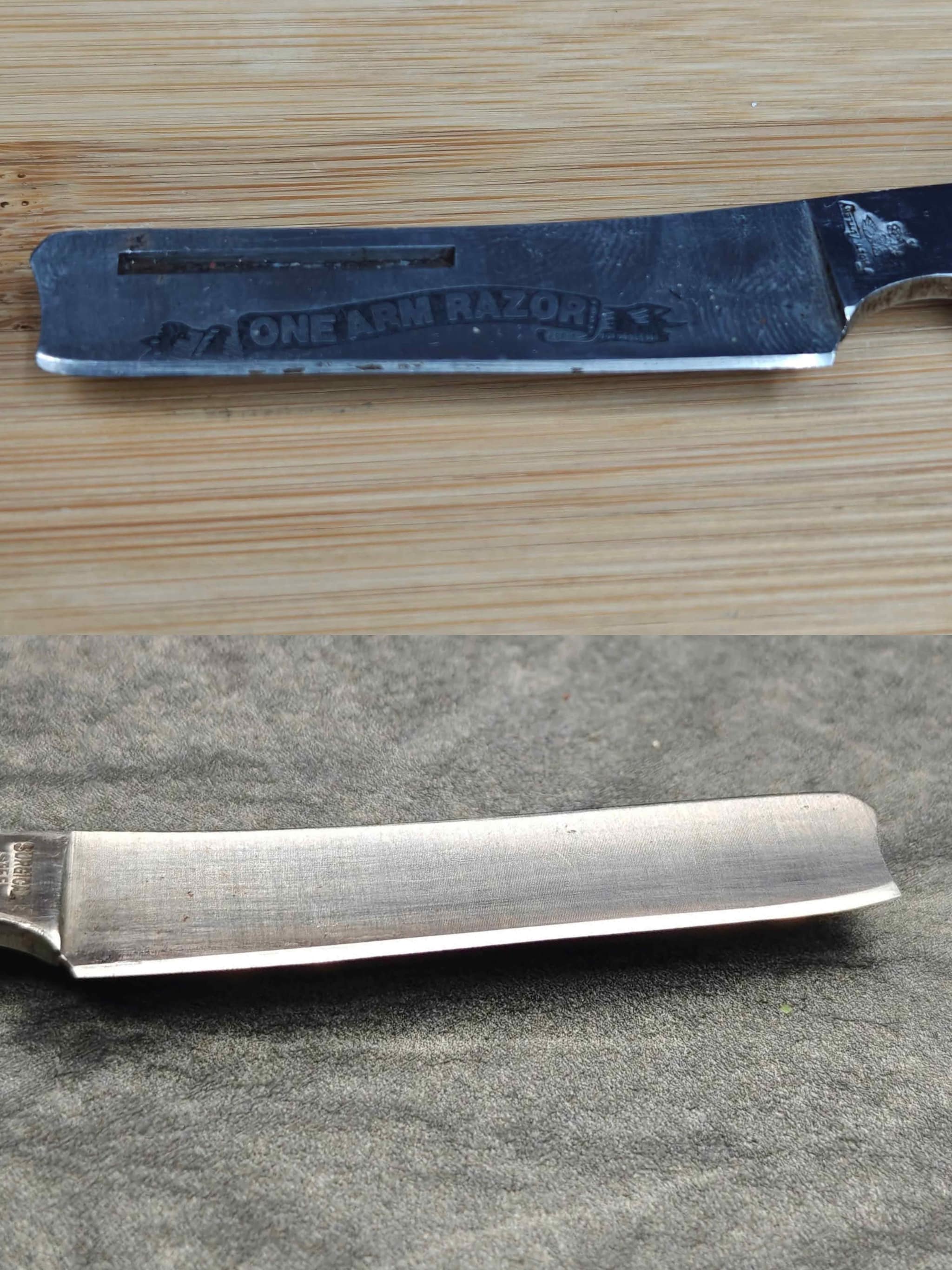One Arm Razor knife – oxidized dark blade (top) vs polished silver (bottom)