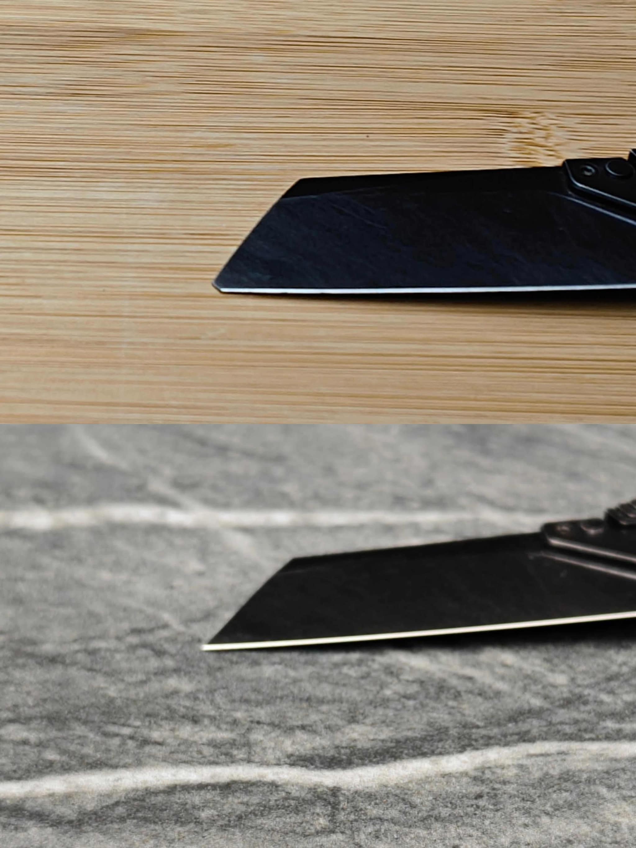 Black tanto cleaver – dull on bamboo (top) vs razor edge on slate (bottom)