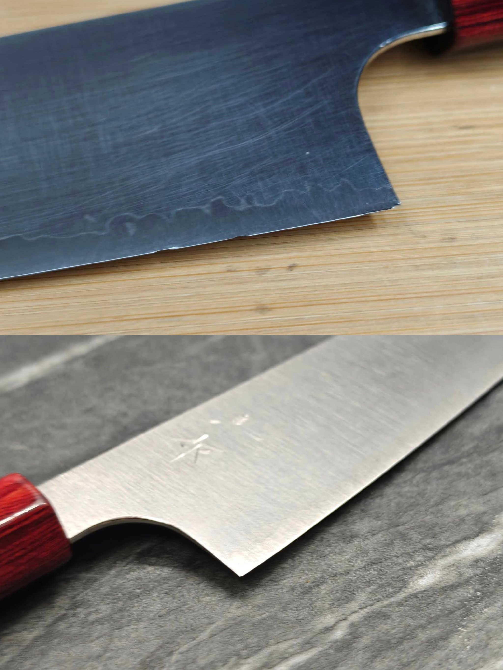 Perforated blade – scratched dull (top) vs clean polished edge (bottom)