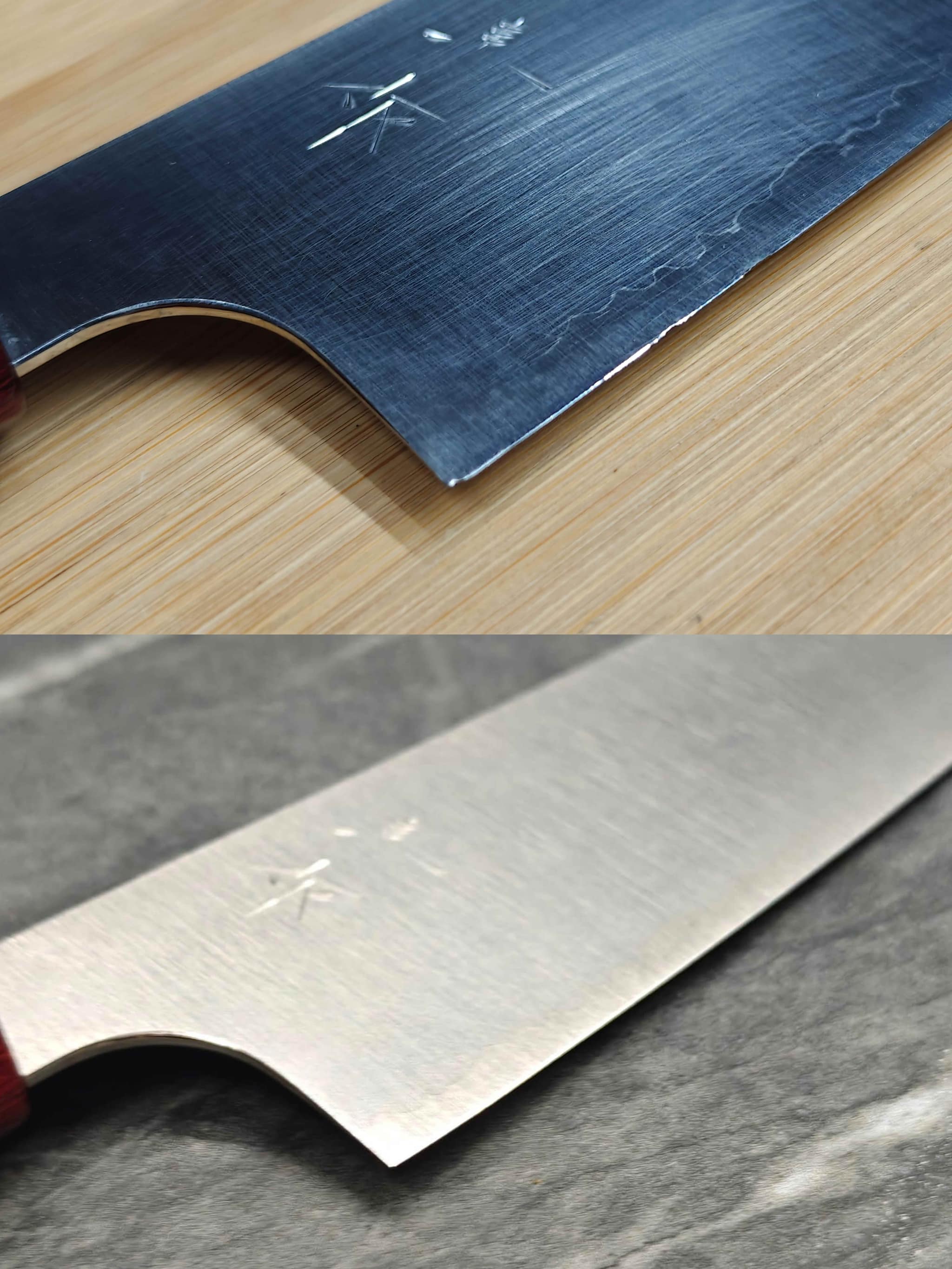 Japanese kanji knife – dark oxidized (top) vs polished silver (bottom)