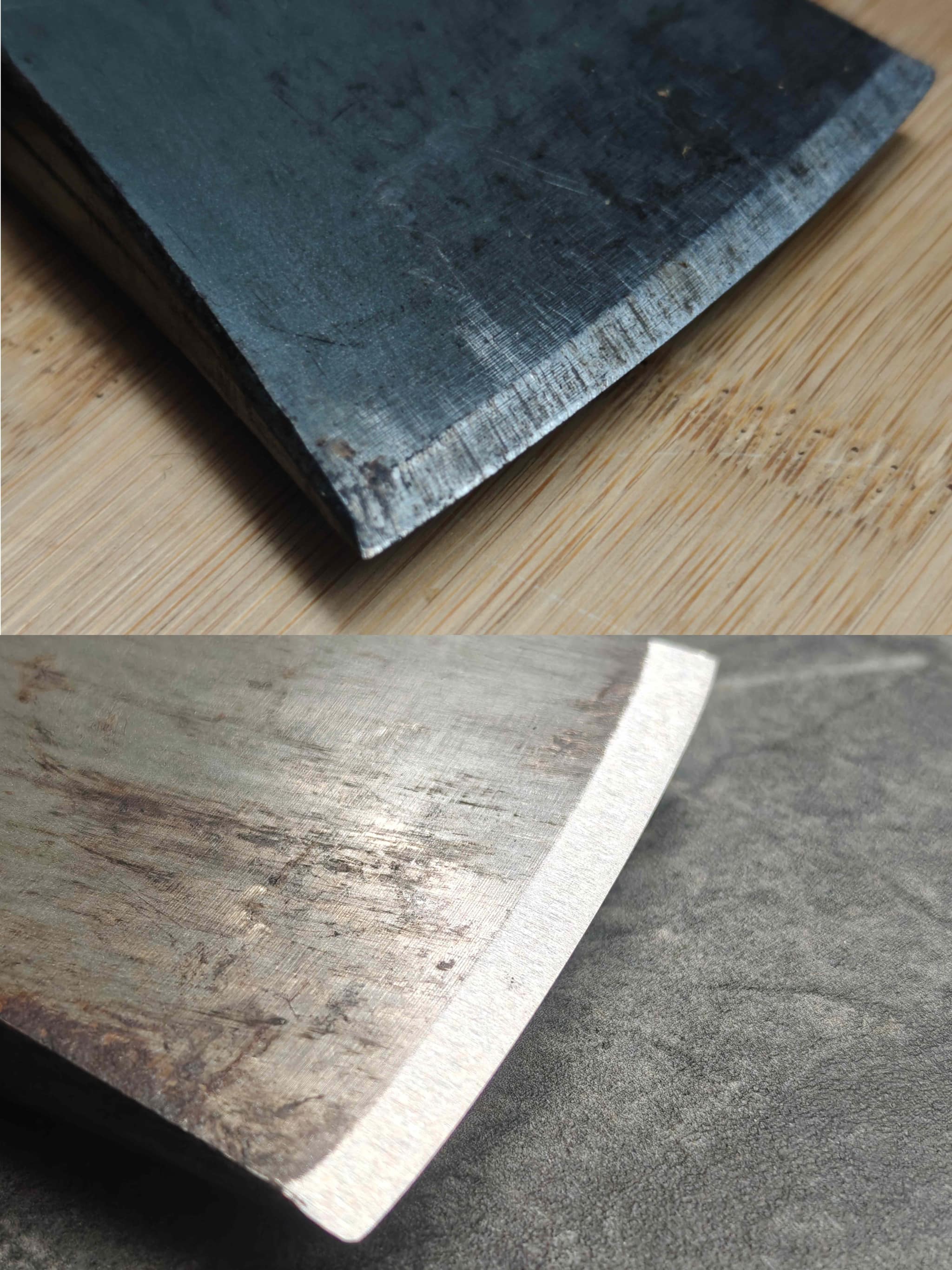 Cleaver corner – scratched dark bevel (top) vs bright polished bevel (bottom)