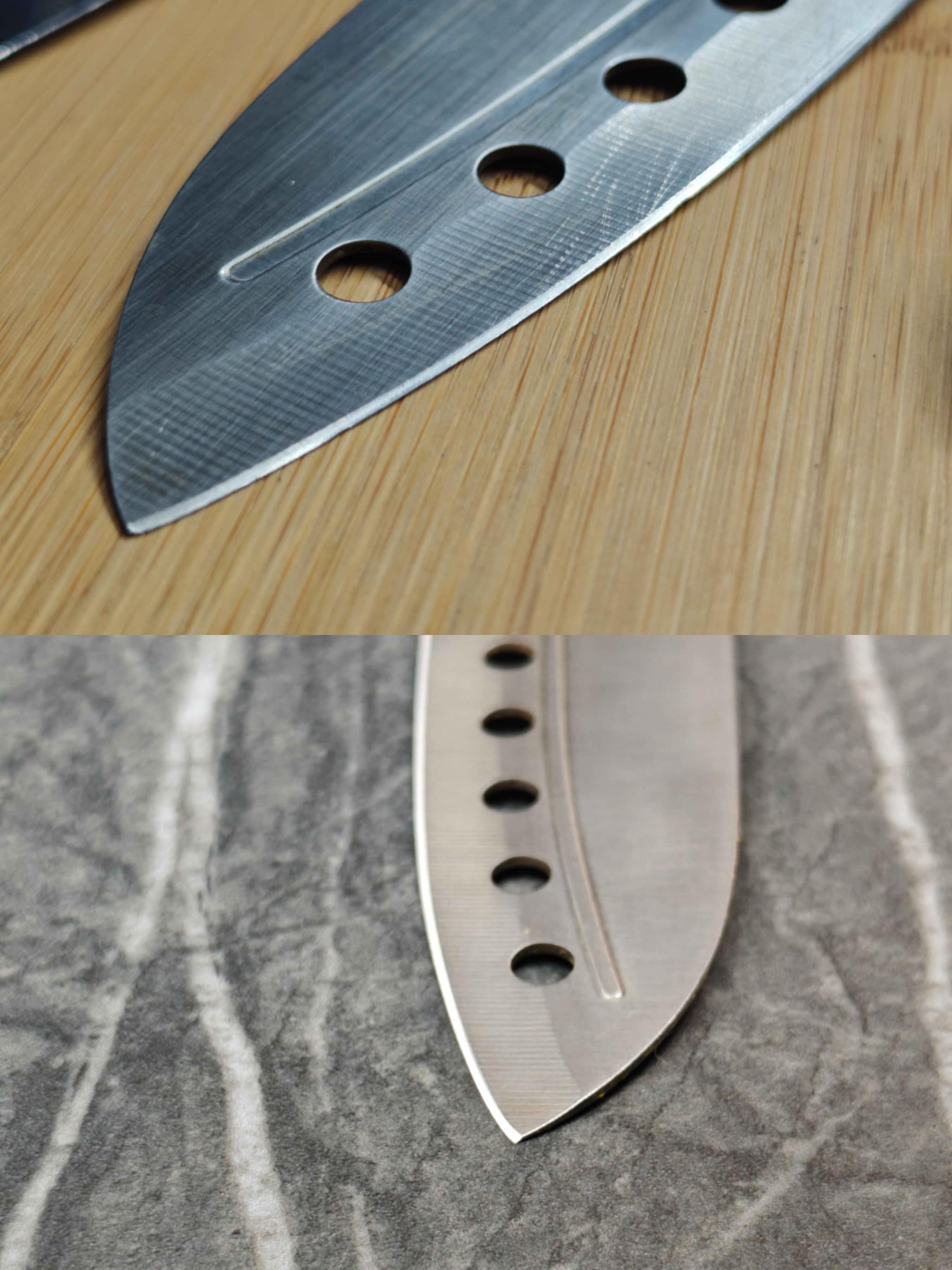 Damascus chef tip – scratched surface (top) vs refined clean edge (bottom)