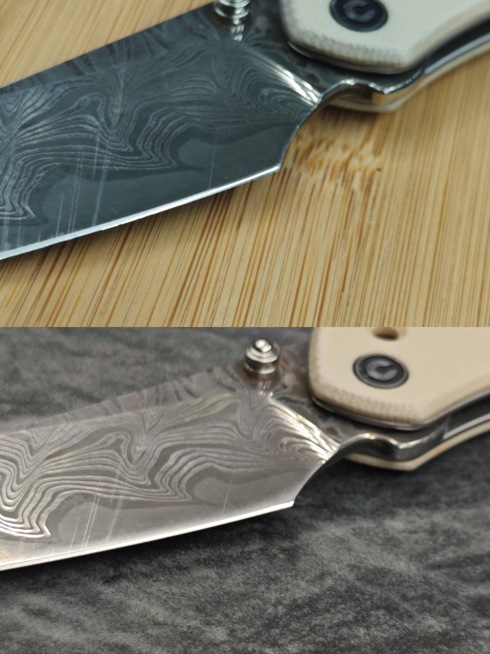Civivi folding damascus knife – scratched on bamboo (top) vs bright on slate (bottom)