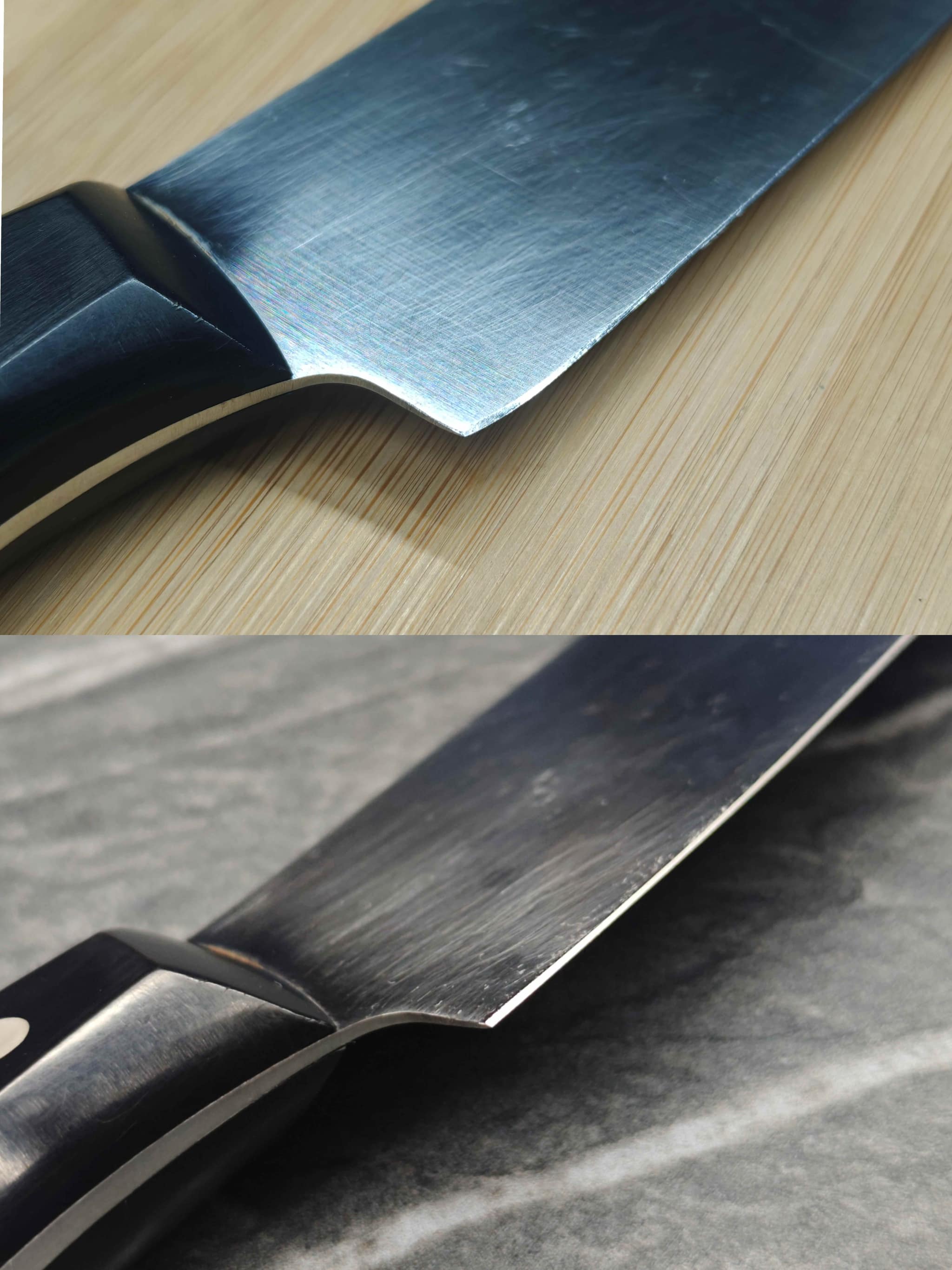 Chef's knife heel – rainbow oxidation (top) vs clean polished bevel (bottom)
