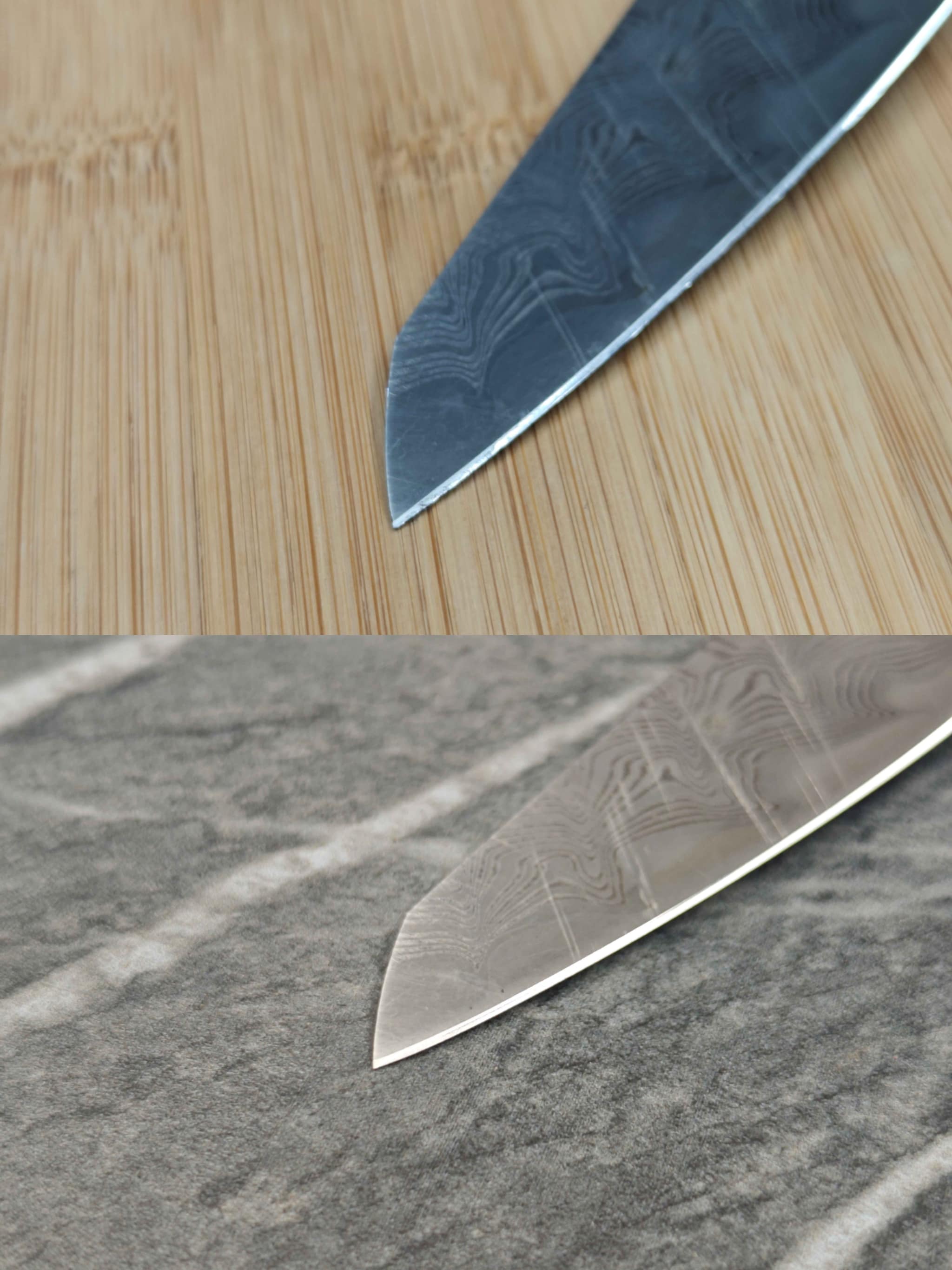 Damascus tip – dull dark edge on bamboo (top) vs mirror edge on slate (bottom)